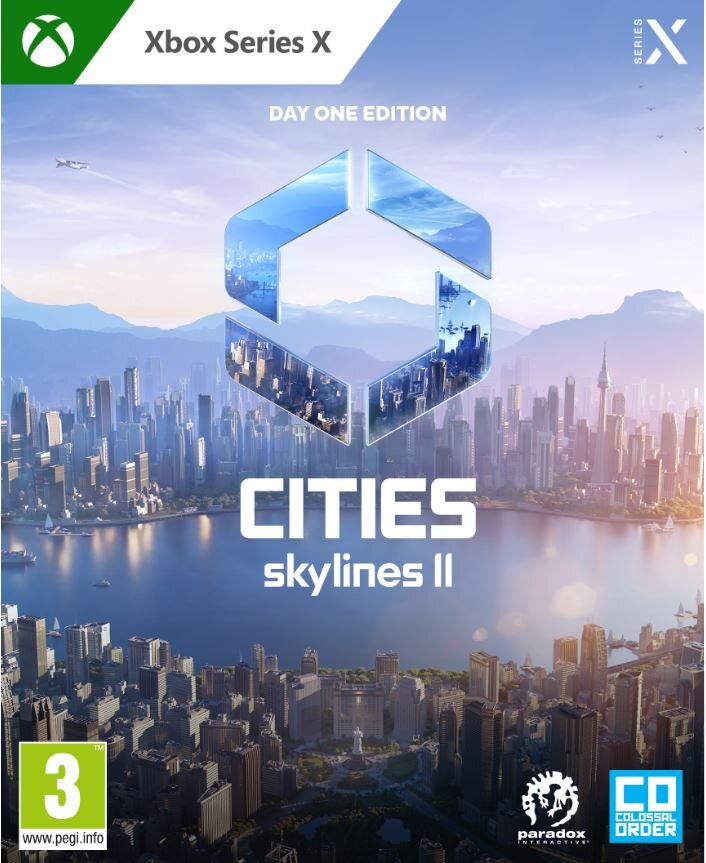 Grafika pudełka gry Cities: Skylines II z widokiem miasta i tytułem.