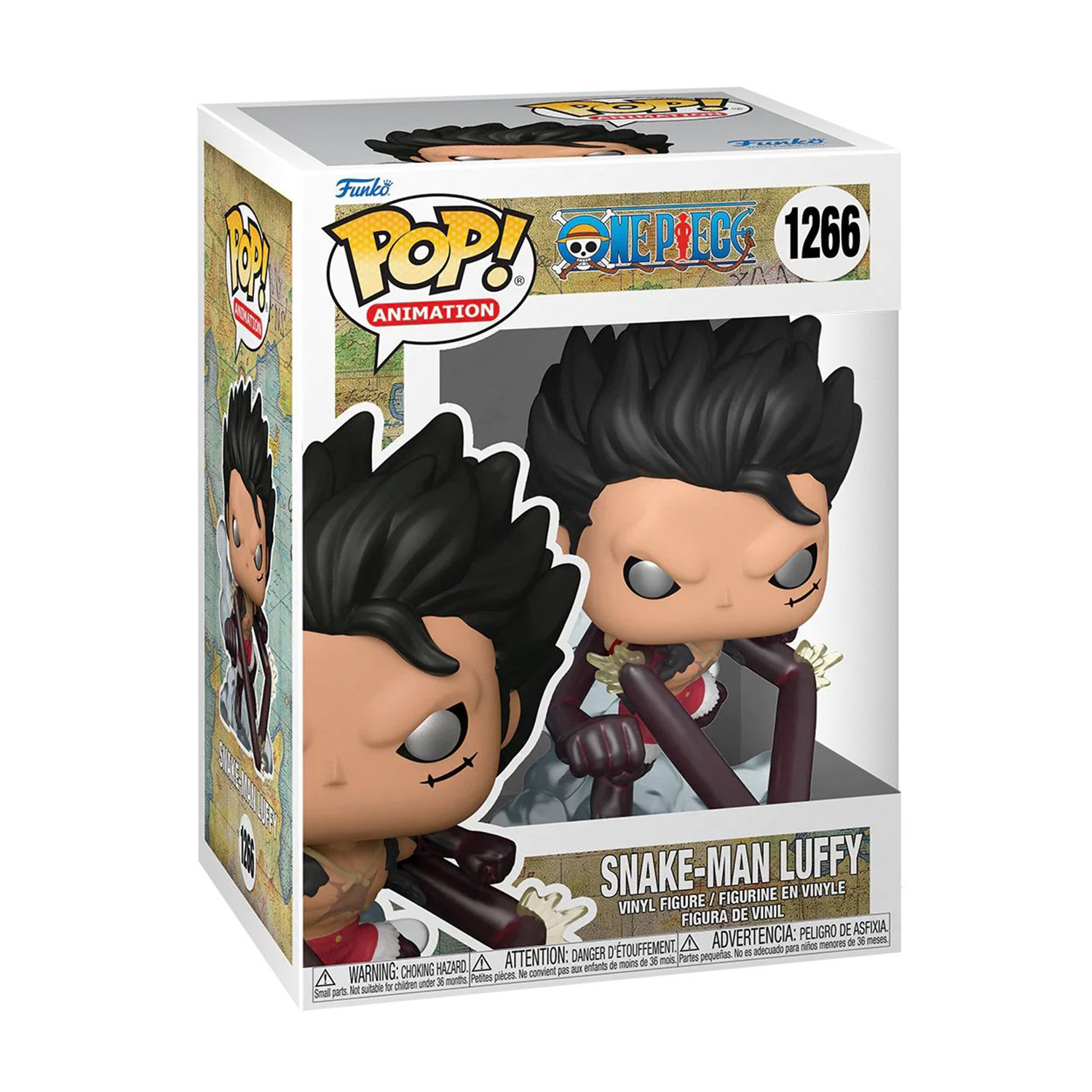 Funko Pop! di Luffy da One Piece, in una scatola con illustrazioni.