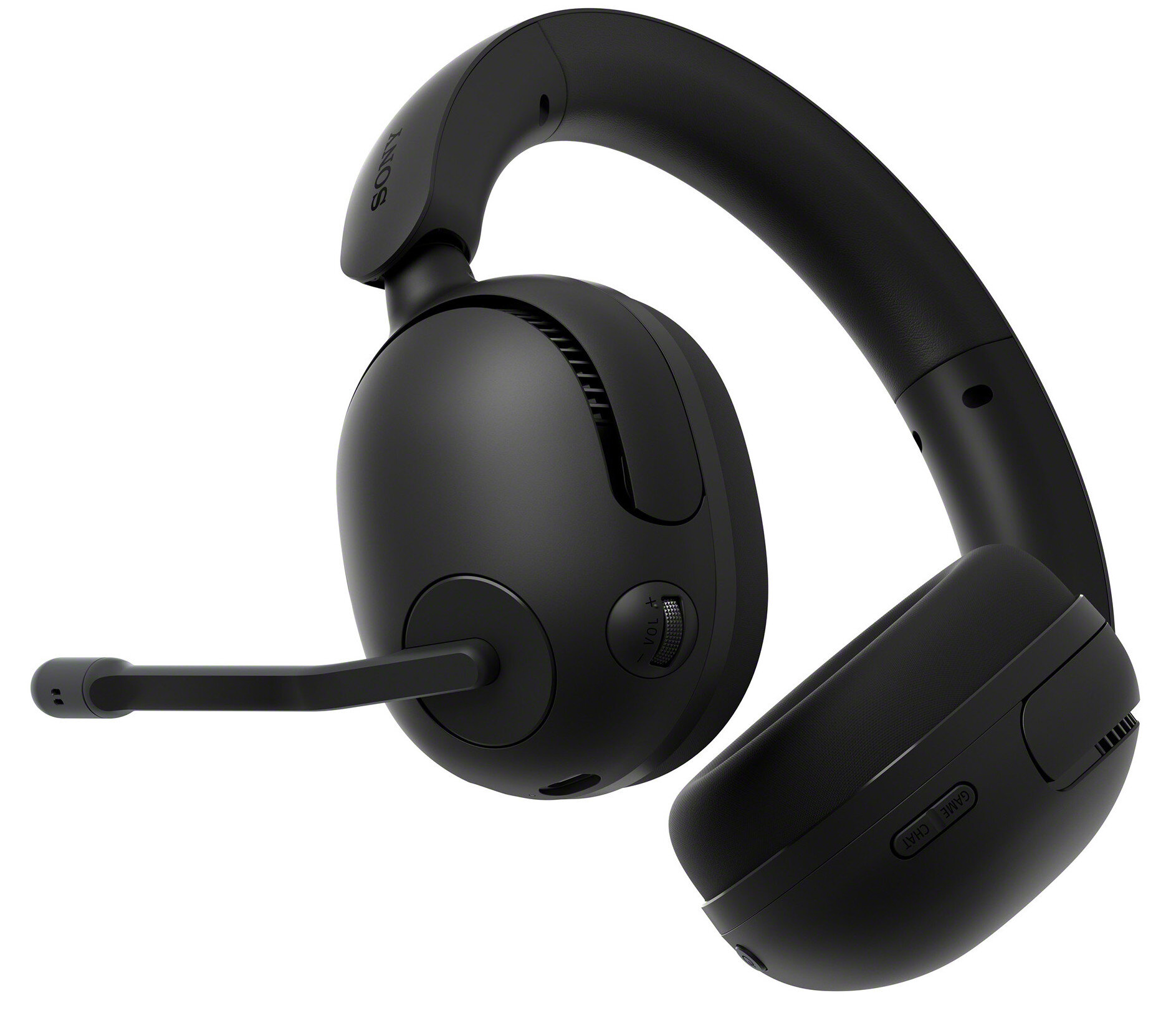 Czarne słuchawki nauszne Sony z mikrofonem, regulacją głośności i logo Sony.