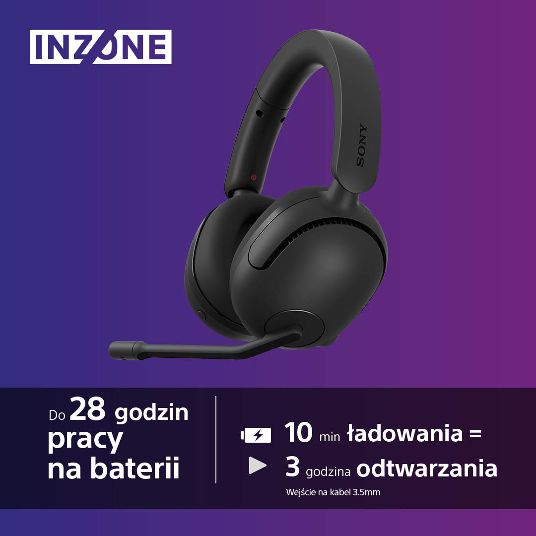 Czarne słuchawki Sony INZONE z mikrofonem, statystyki baterii na fioletowym tle.