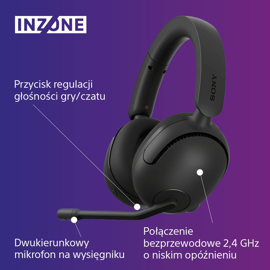 Czarne słuchawki do gier z mikrofonem i elementami sterującymi, z etykietami tekstowymi.