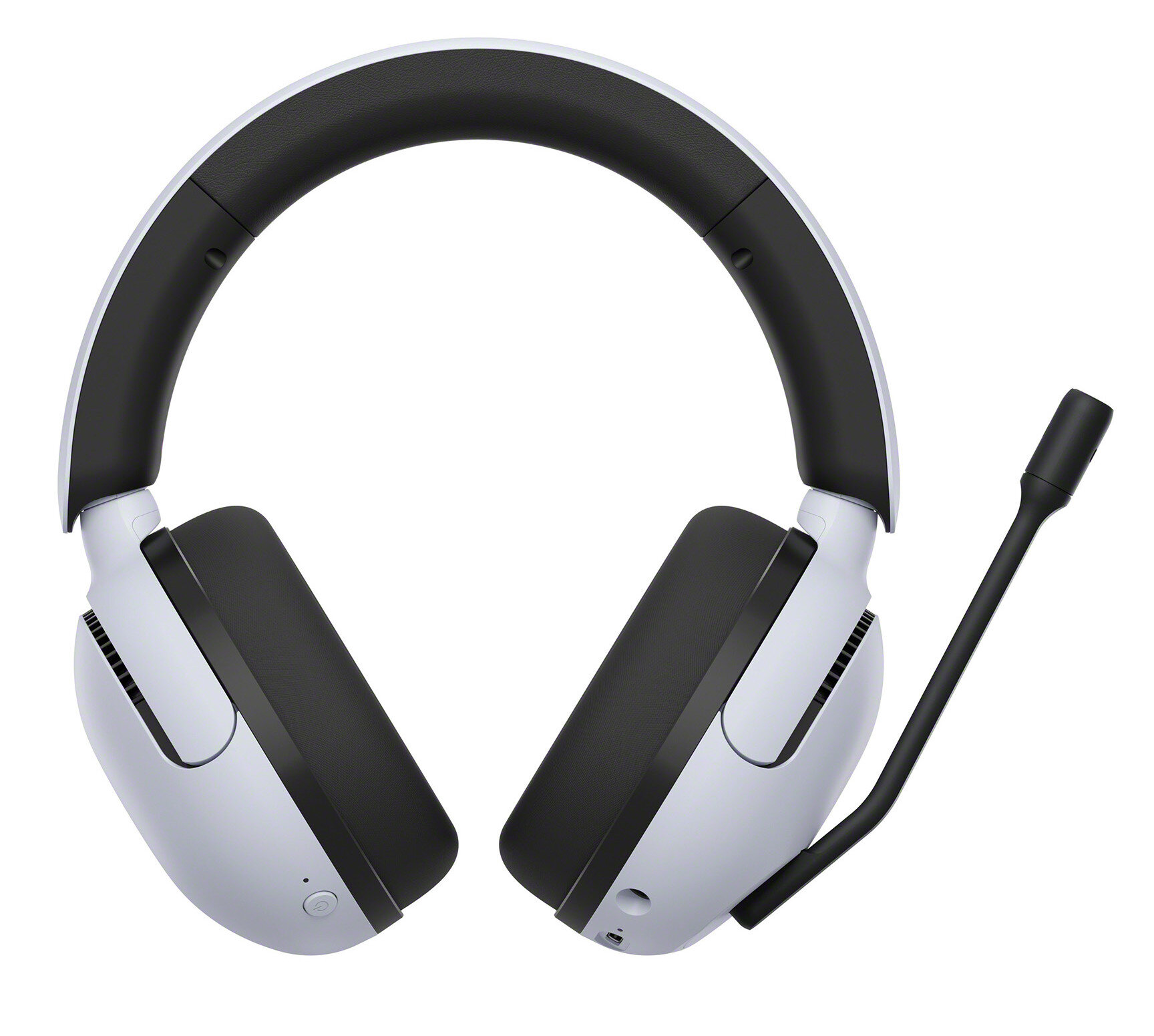 Biało-czarny zestaw słuchawkowy do gier z mikrofonem. Zestaw słuchawkowy jest widoczny pod kątem.