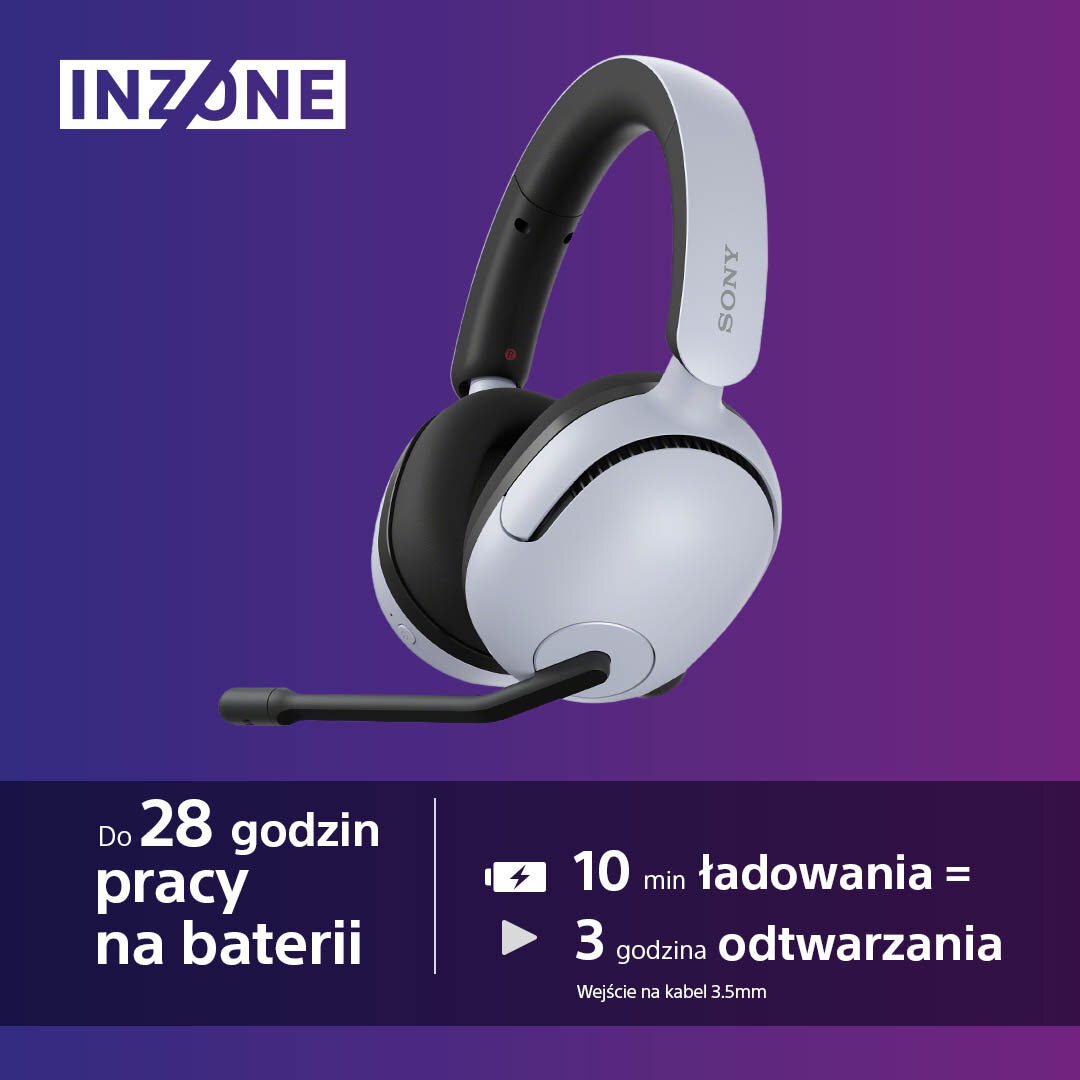 Biało-czarny zestaw słuchawkowy do gier Sony INZONE z mikrofonem, z tekstem o żywotności baterii i czasie ładowania.