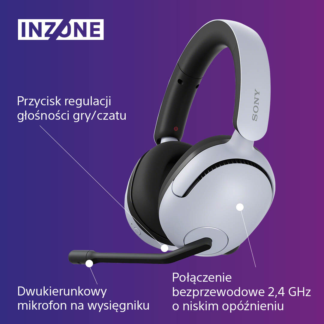 Biało-szary zestaw słuchawkowy z regulowanym mikrofonem i tekstem.