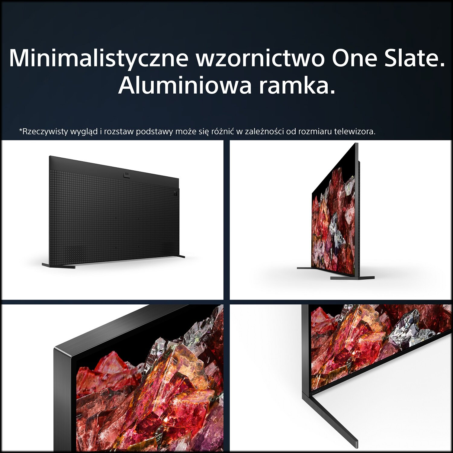 Cztery zdjęcia czarnego telewizora, pokazujące różne kąty i szczegóły, o nowoczesnym designie.