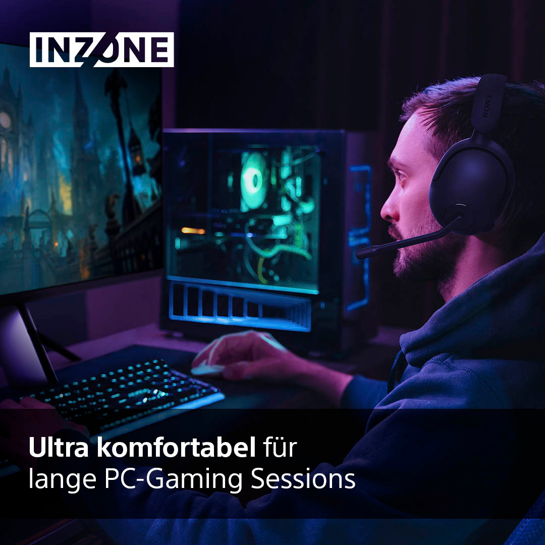 Joueur portant un casque, jouant à un jeu sur un PC. Les mots INZONE et le texte sont sur l'image.