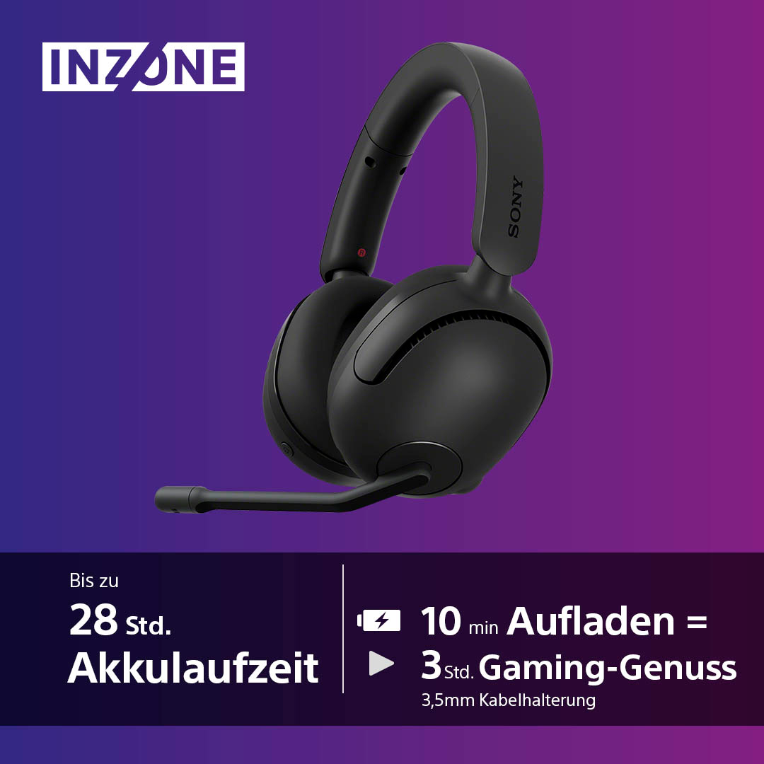 Casque INZONE noir avec micro, texte sur l'autonomie de la batterie.