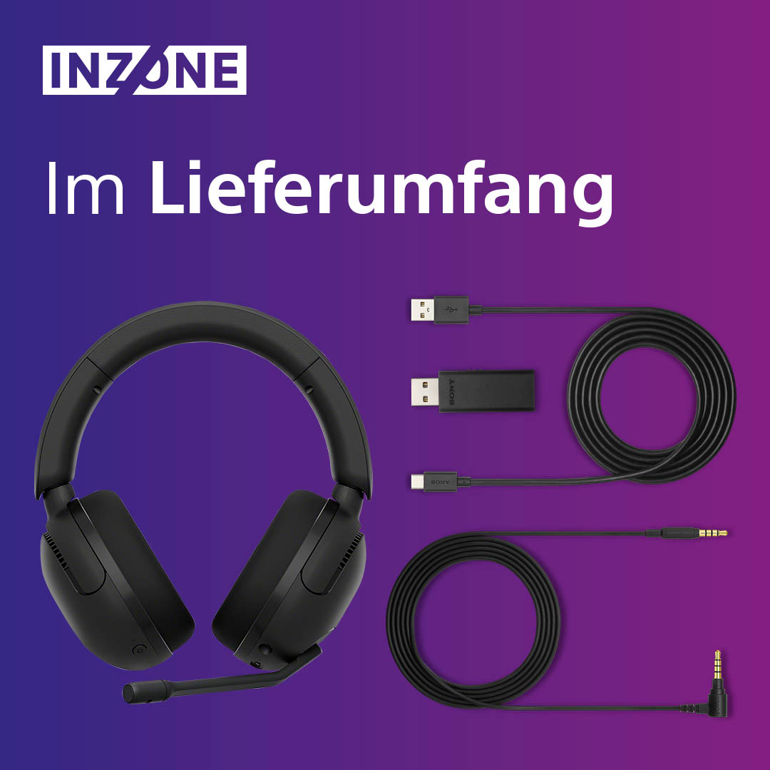 Un ensemble de casques INZONE noirs, de câbles et d'un dongle USB, sur un fond dégradé.