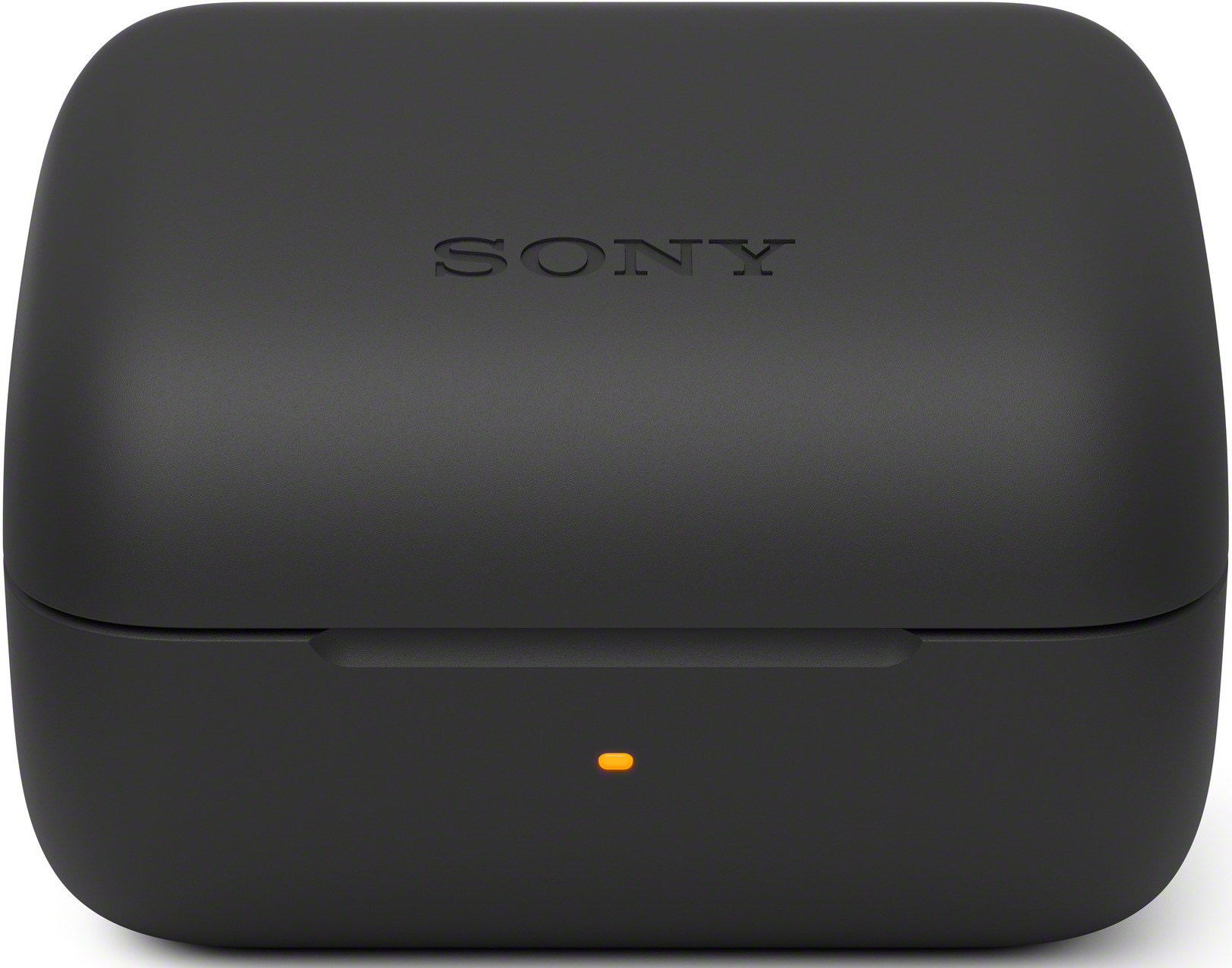 Schwarzes Ohrhörer-Ladeetui mit dem Markennamen „SONY“ und einer orangefarbenen Ladeanzeige.