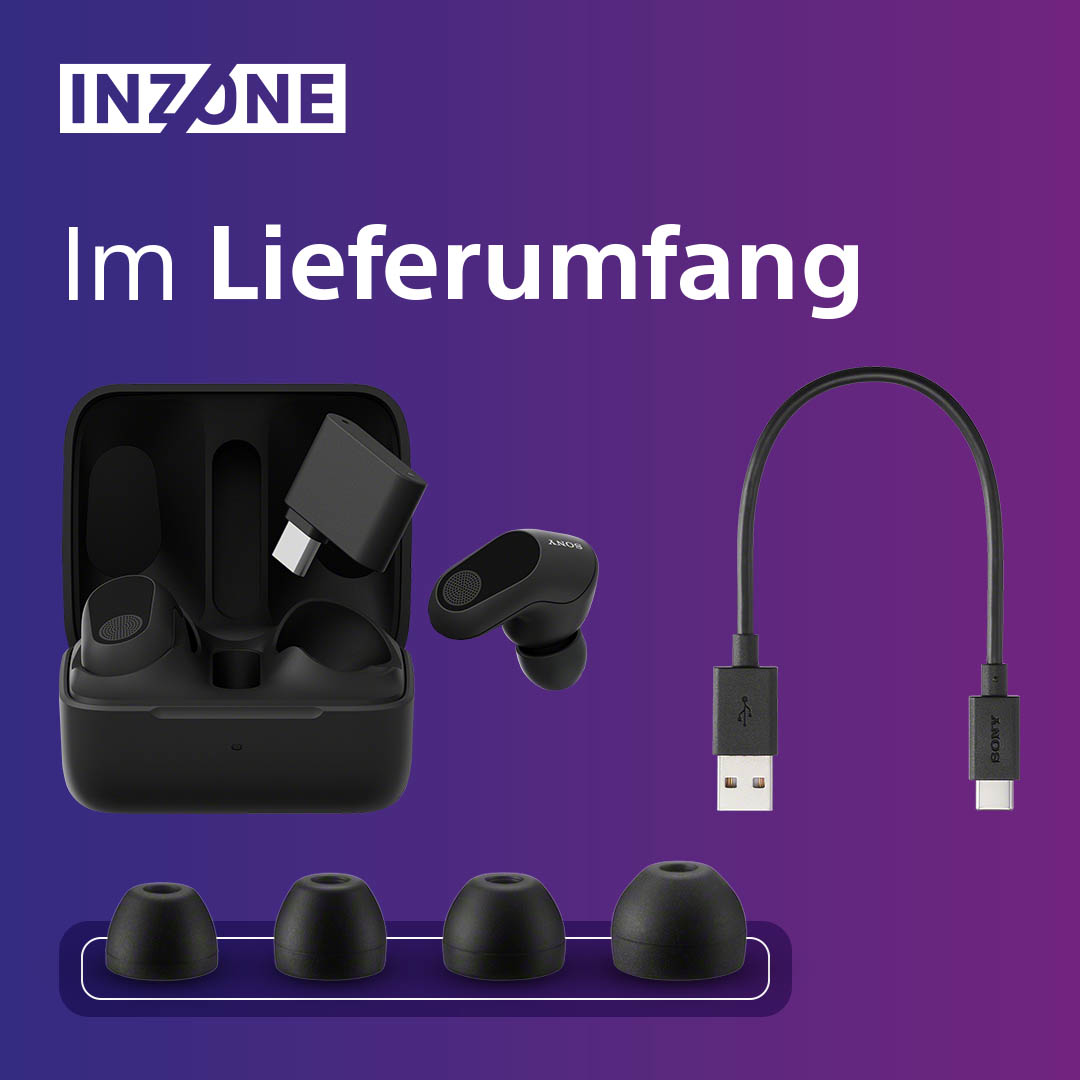 Schwarze Ohrhörer, Ladecase, USB-C-Kabel und Ohrstöpsel auf lila Gradientenhintergrund. Text: INZONE Im Lieferumfang.
