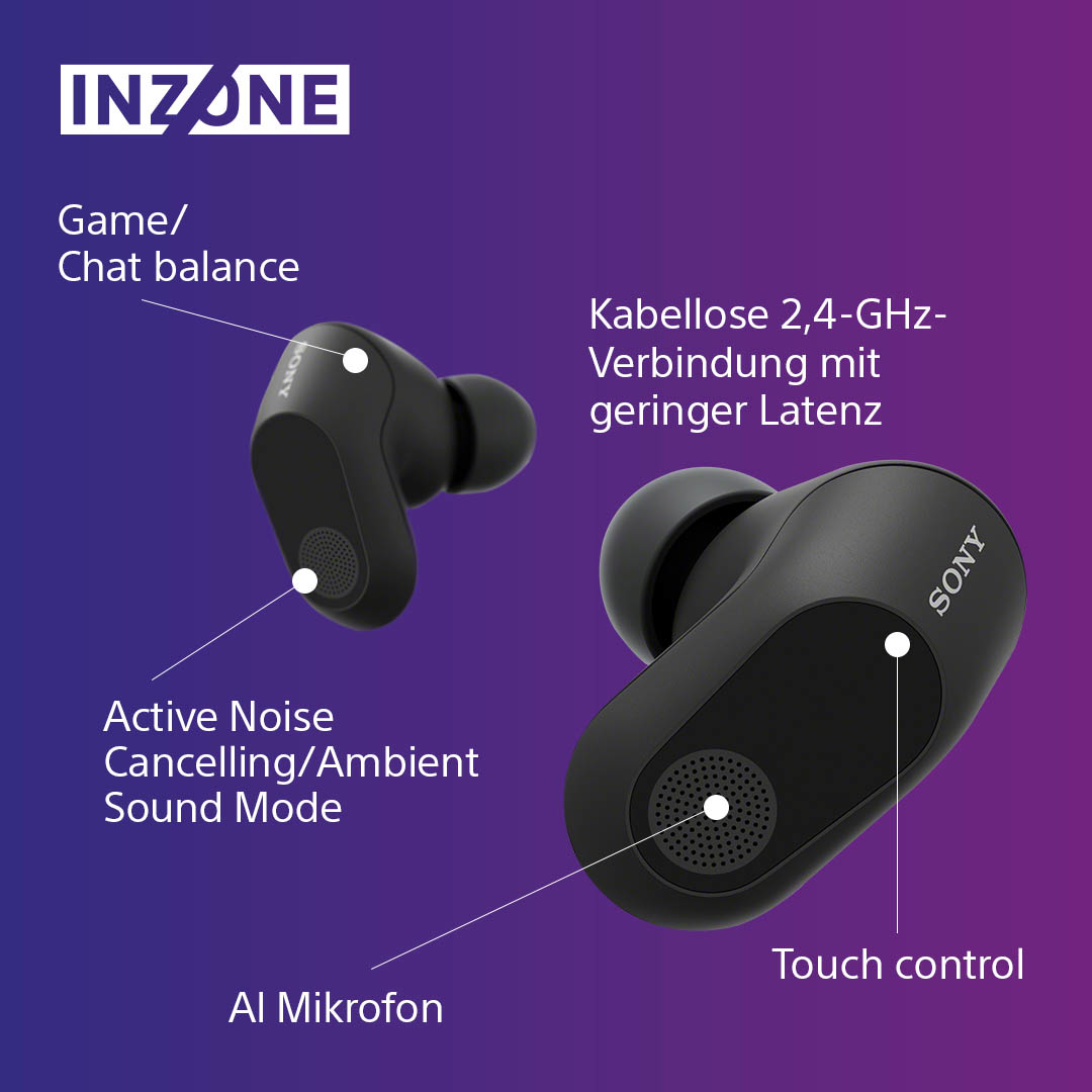 Schwarze Ohrhörer mit Case. Text zeigt aktive Geräuschunterdrückung, Ambient Sound und KI-Mikrofon.