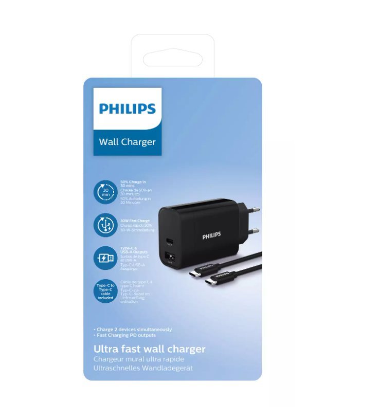 Philips duvar şarj cihazı paketi, özellikler: hızlı şarj, Tip-C ve dahil kablo.