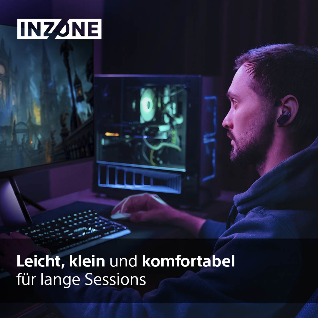 Mann mit Kopfhörern, spielt in dunklem Raum. Text INZONE oben. Text: leicht, klein und komfortabel für lange Sessions.