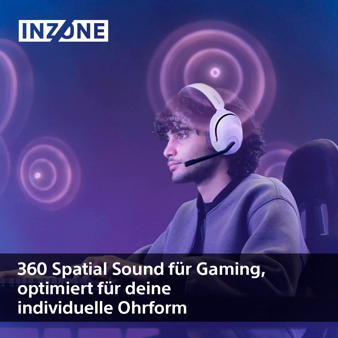 Un uomo con le cuffie, che gioca con grafiche di onde sonore sullo sfondo.