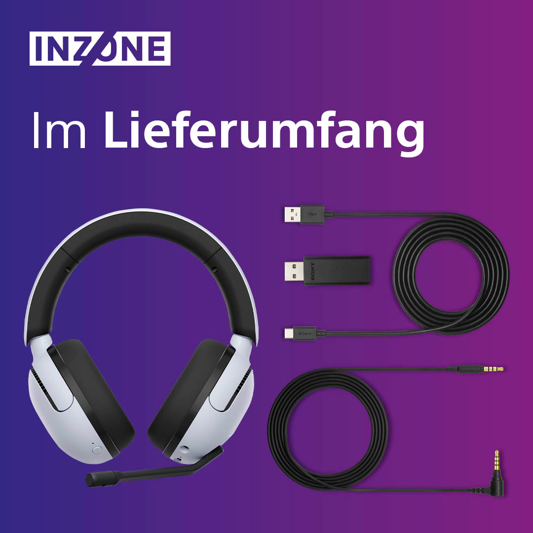 Un set di cuffie INZONE bianche, cavi e un dongle USB, su uno sfondo sfumato.