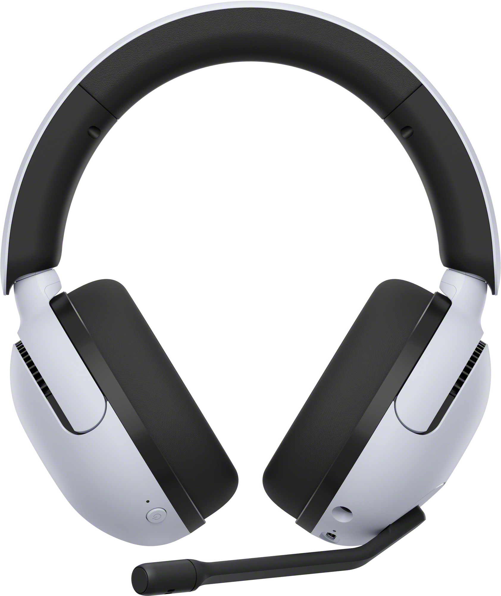 Cuffie over-ear bianche e nere con microfono. I padiglioni sono neri.