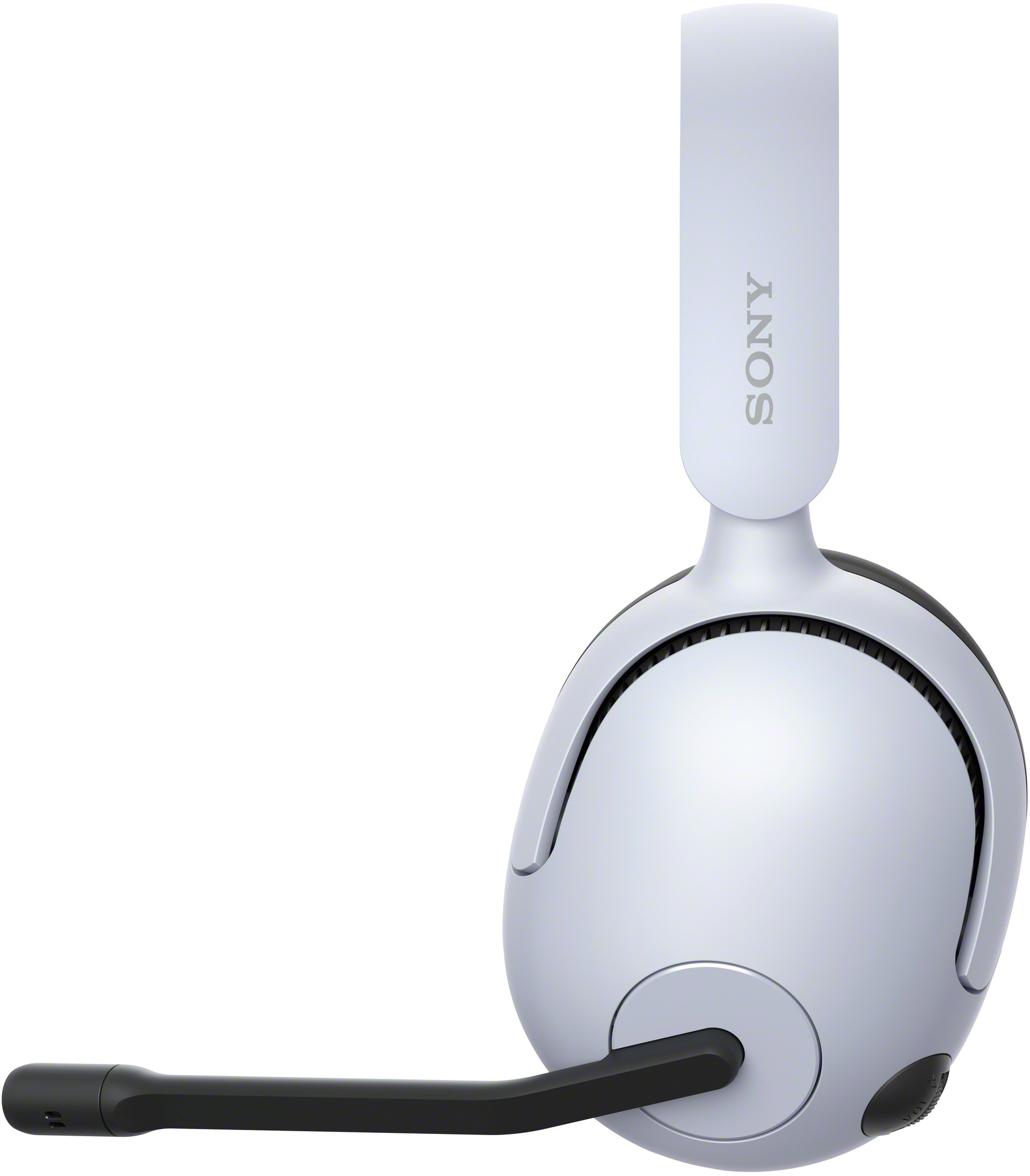 Una cuffia Sony bianca e nera con microfono su sfondo bianco.