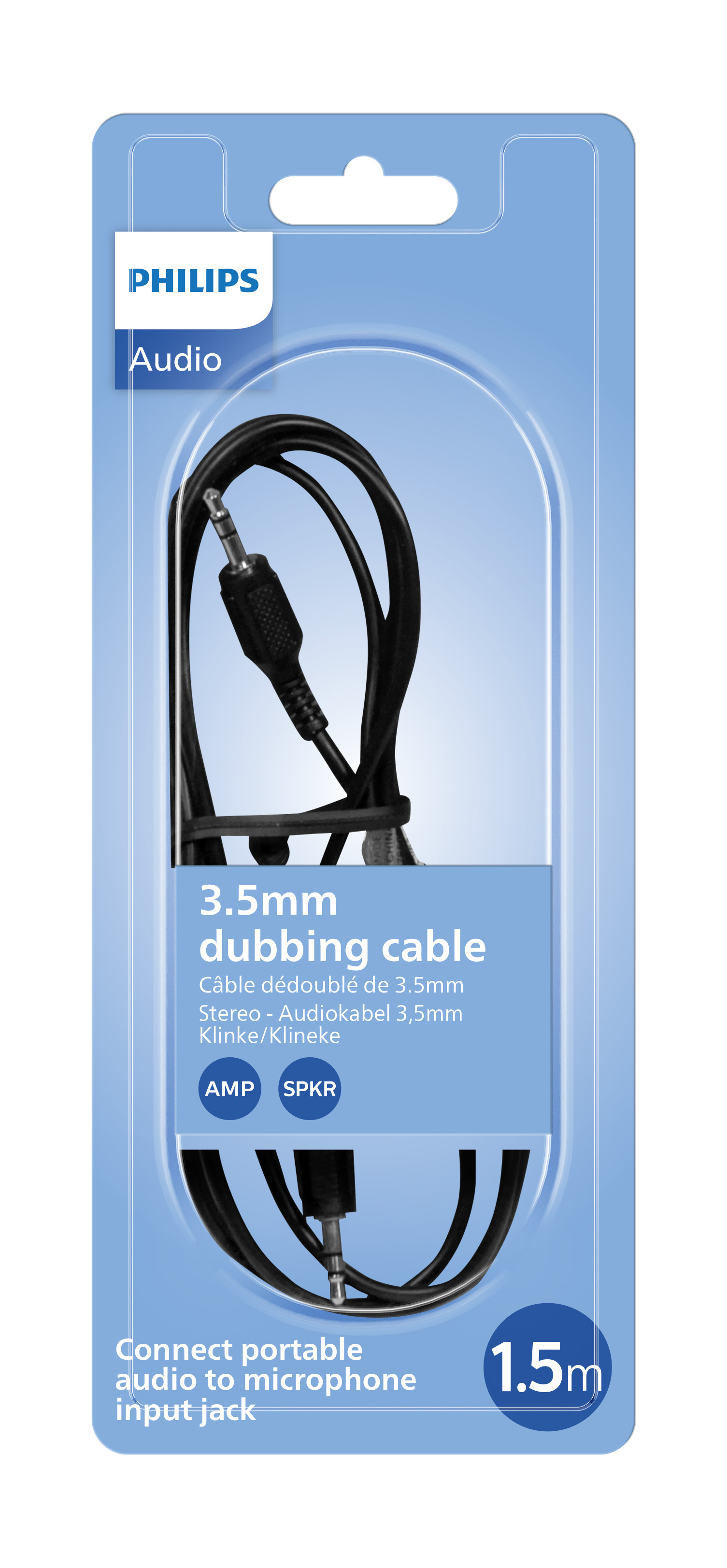 Philips 3,5 mm dublaj kablosu ambalajı. Kablo siyah renkte, iki adet 3,5 mm jak ile.