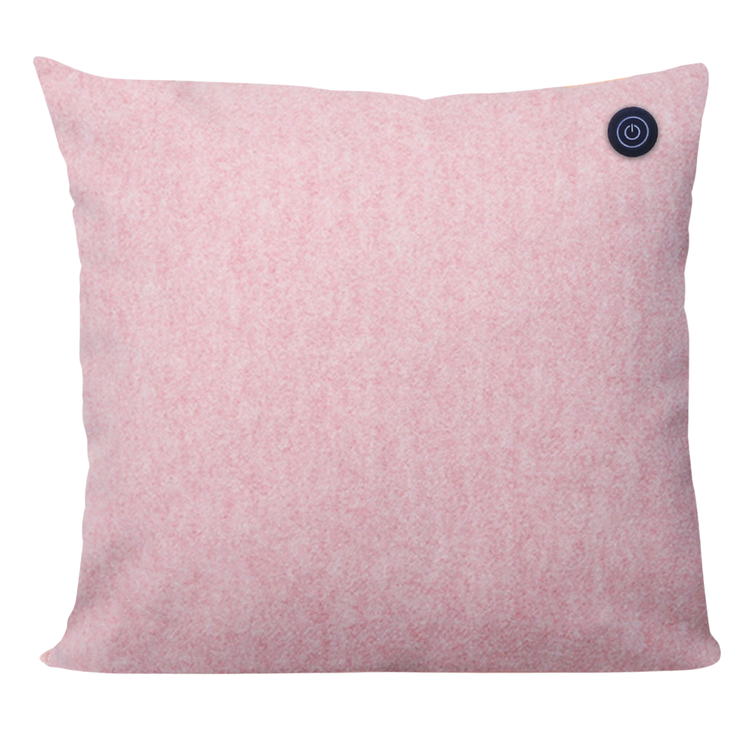 Oreiller rose avec un bouton d'alimentation. Forme carrée. Couleur rose clair. Design simple.