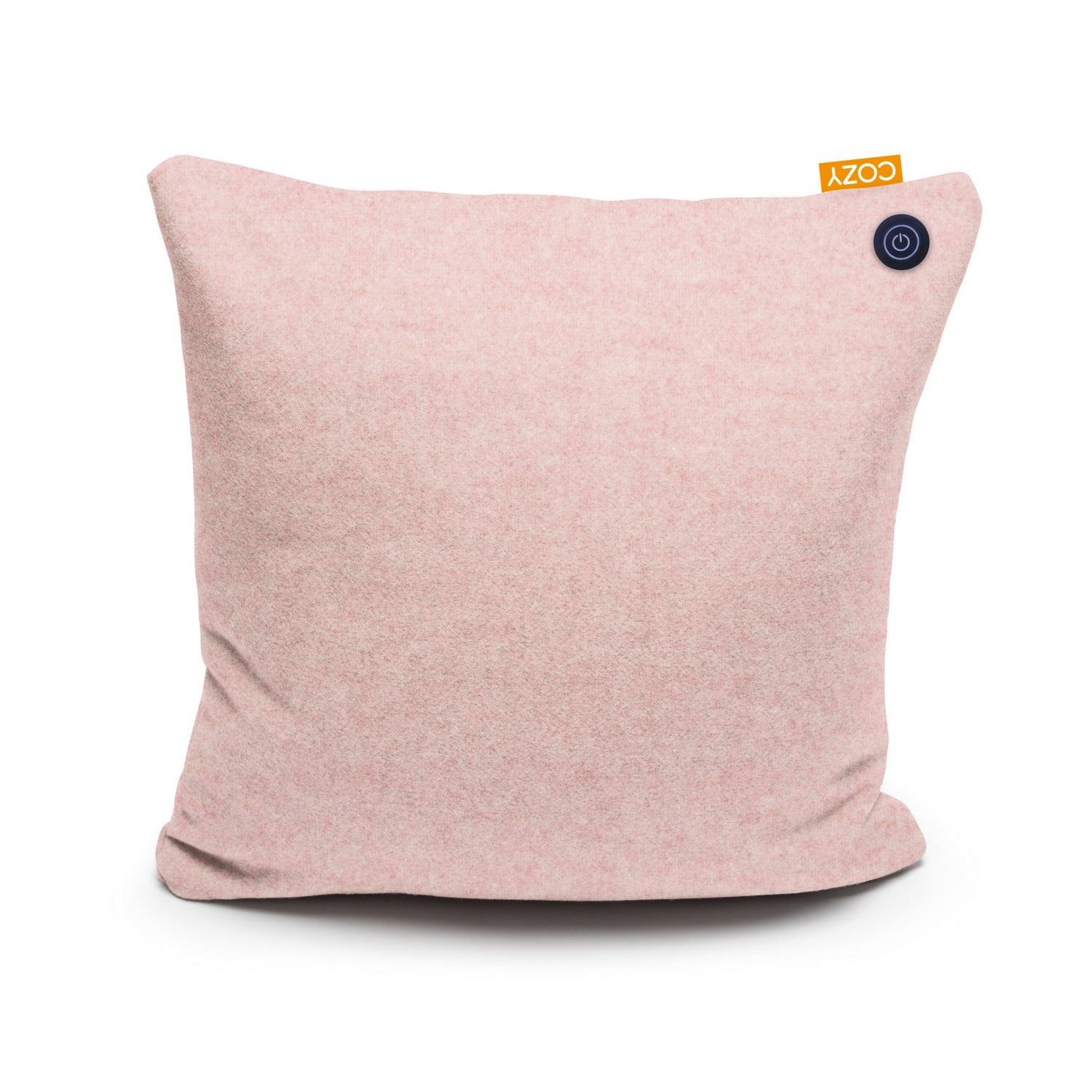Un oreiller rose avec une étiquette 'COZY' et un bouton d'alimentation sur fond blanc.