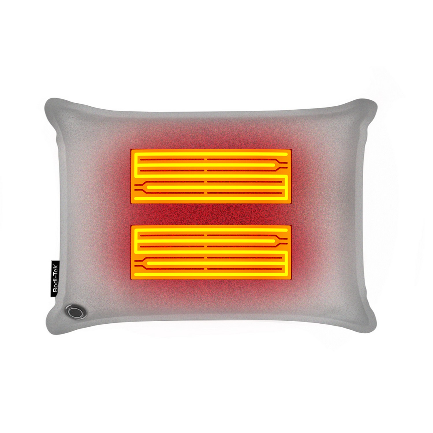 Coussin chauffant gris avec deux éléments chauffants jaunes à doublure rouge. Bouton d'alimentation noir.