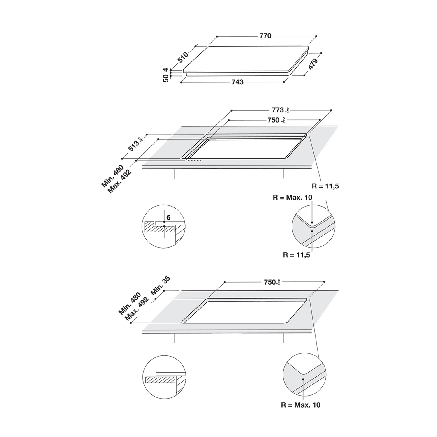 Disegni tecnici e misure di un piano cottura, che mostrano dimensioni e dimensioni di taglio.