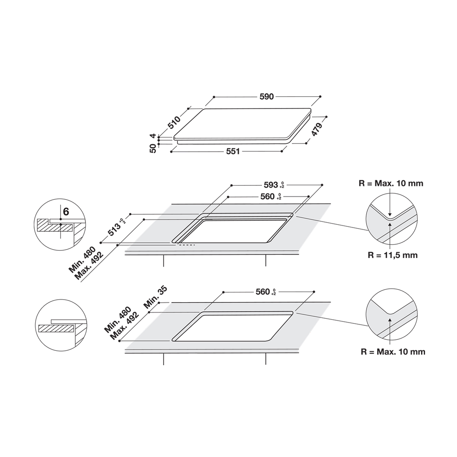 Disegno tecnico di un piano cottura con dimensioni e specifiche di taglio, da diverse angolazioni.