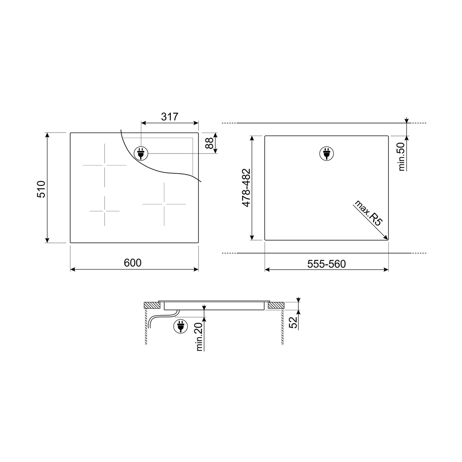 Disegno tecnico di un piano cottura con dimensioni e dimensioni e dettagli di ritaglio.