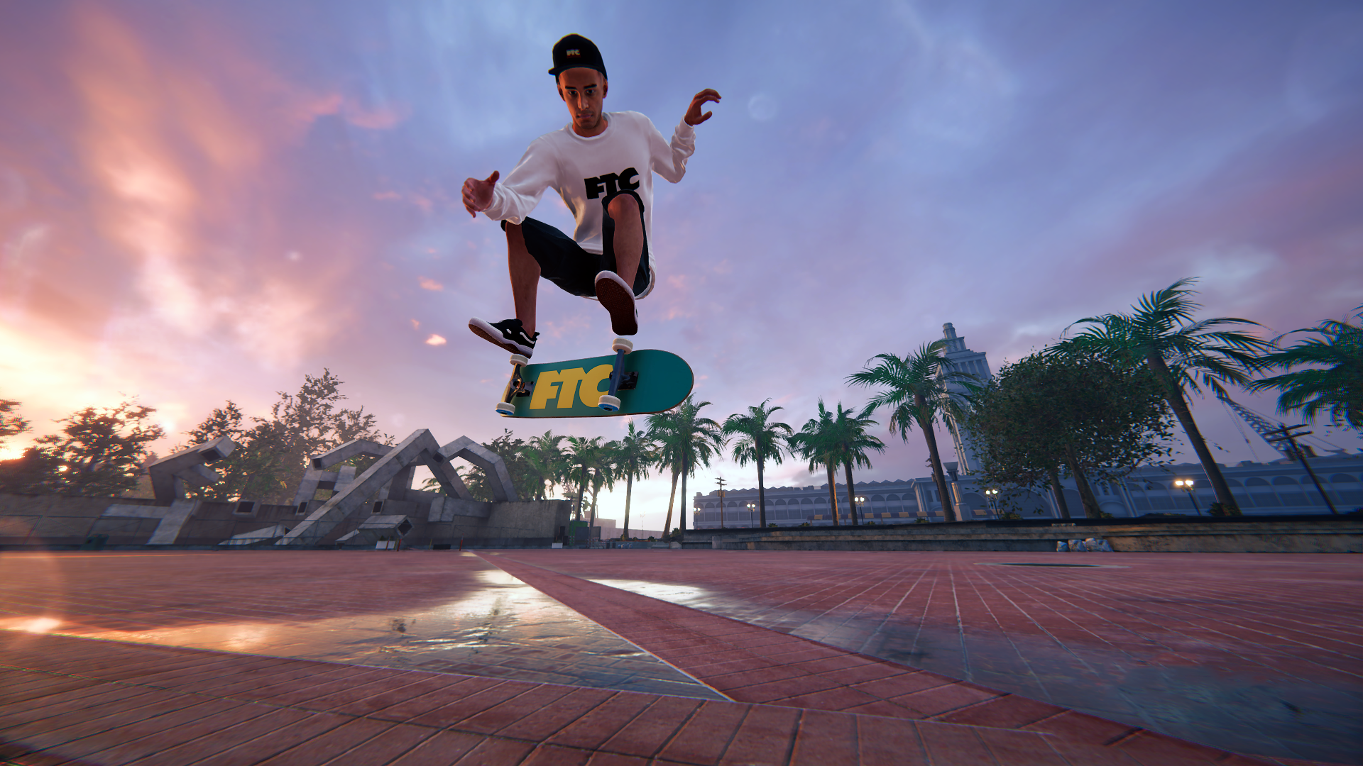 Skateboarder a mezz'aria che esegue un trick, sfondo della città e tramonto.