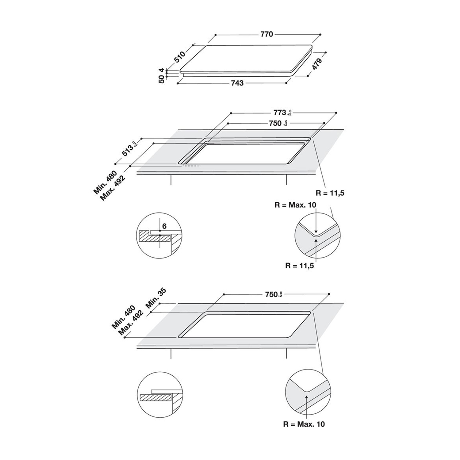 Disegno tecnico di un piano cottura con misure e dimensioni di taglio. Diverse viste.