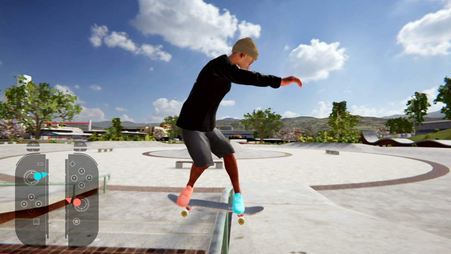 Una persona che fa skateboard su una rampa con una sovrapposizione del controller nell'angolo.