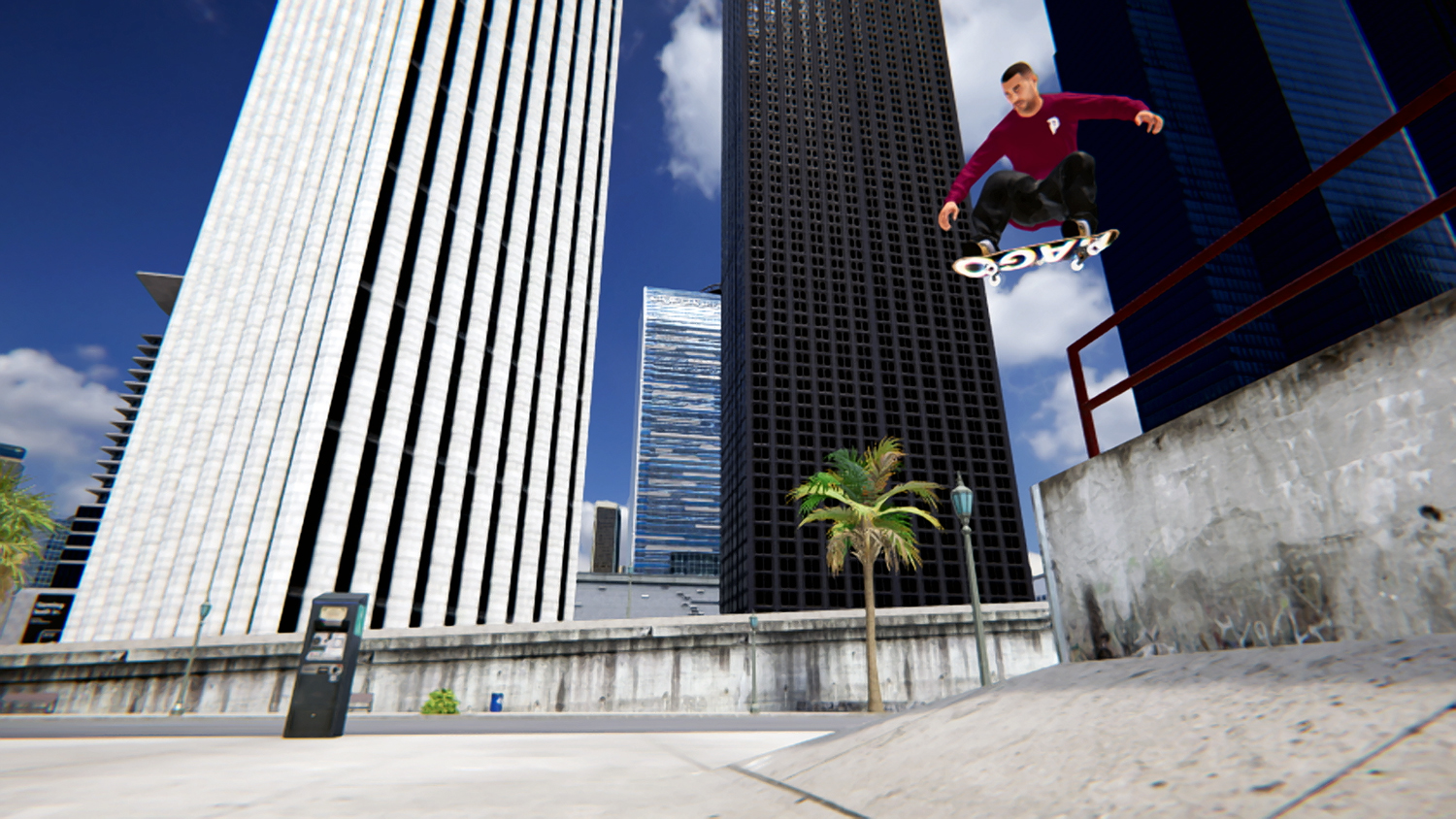 Uno skater esegue un trick in un ambiente urbano con edifici alti.