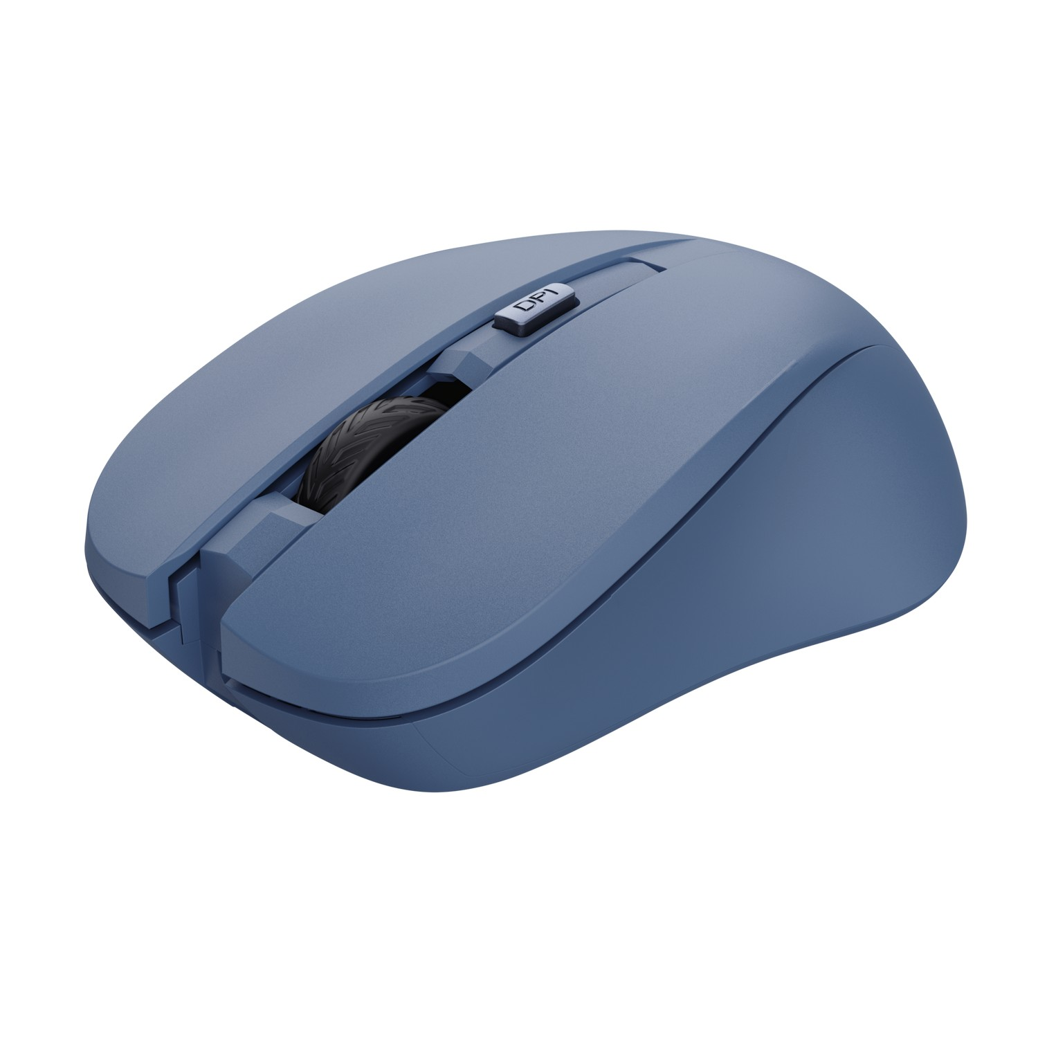Souris d'ordinateur bleue avec un bouton DPI. La souris est sur fond blanc.