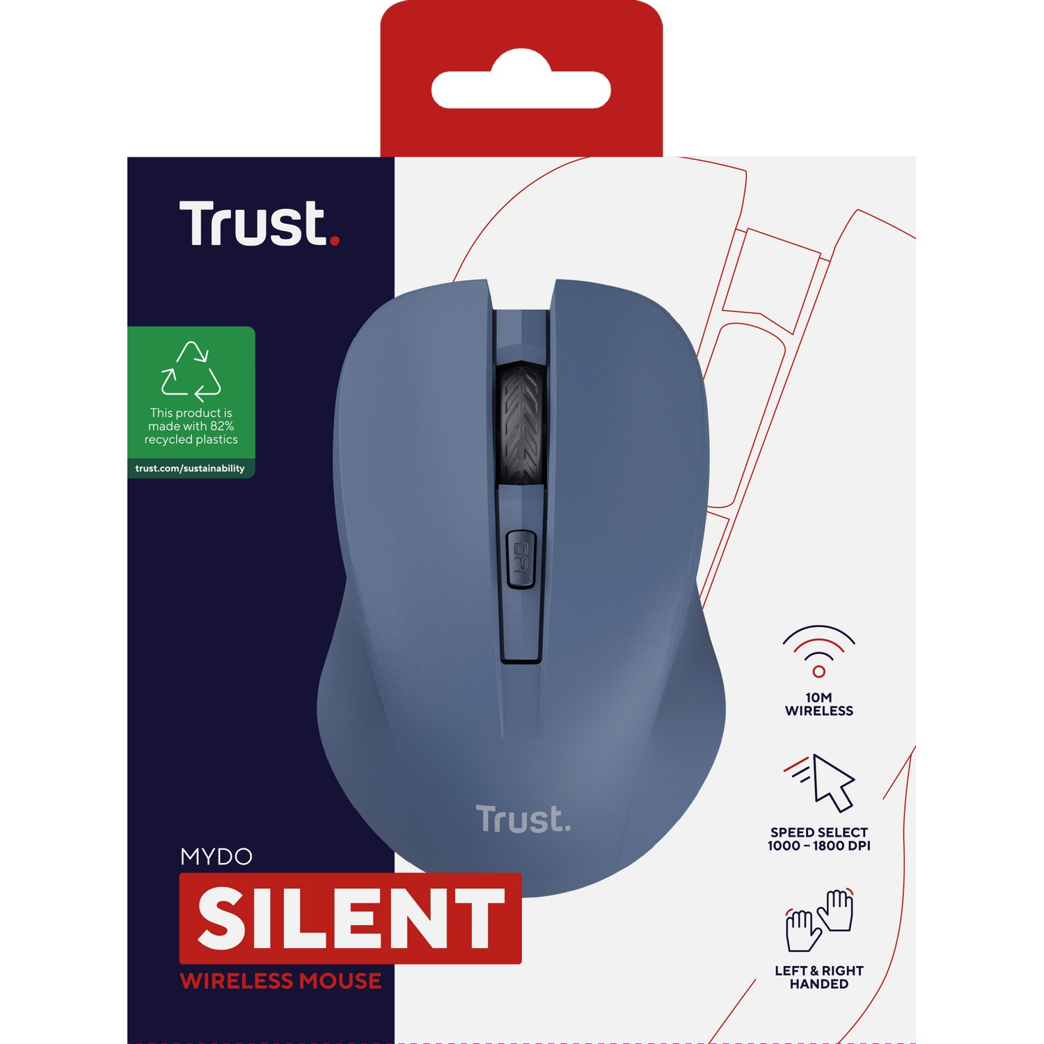 Souris sans fil bleue dans une boîte, avec des icônes indiquant sans fil, DPI et utilisation gaucher/droitier.