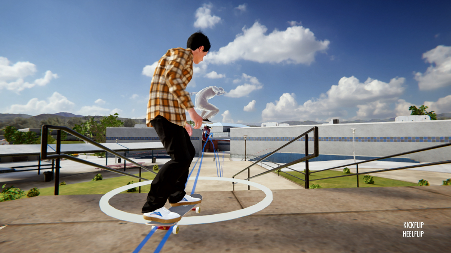 Un skateur effectuant une figure près d'un bâtiment, avec un contour de ligne bleue.