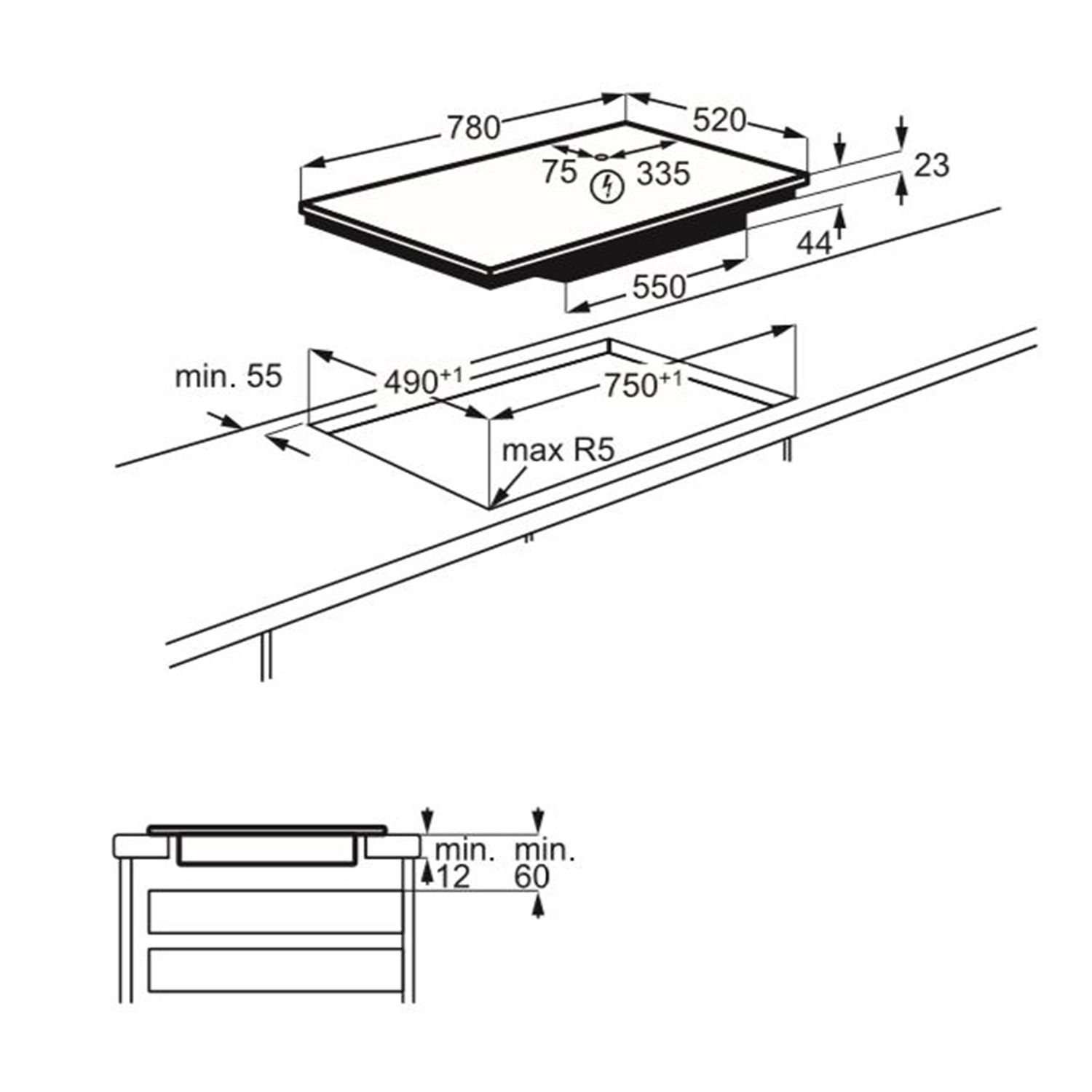 Diagramma di un piano cottura nero. Mostra dimensioni e dettagli di installazione, con vista dall'alto e laterale.
