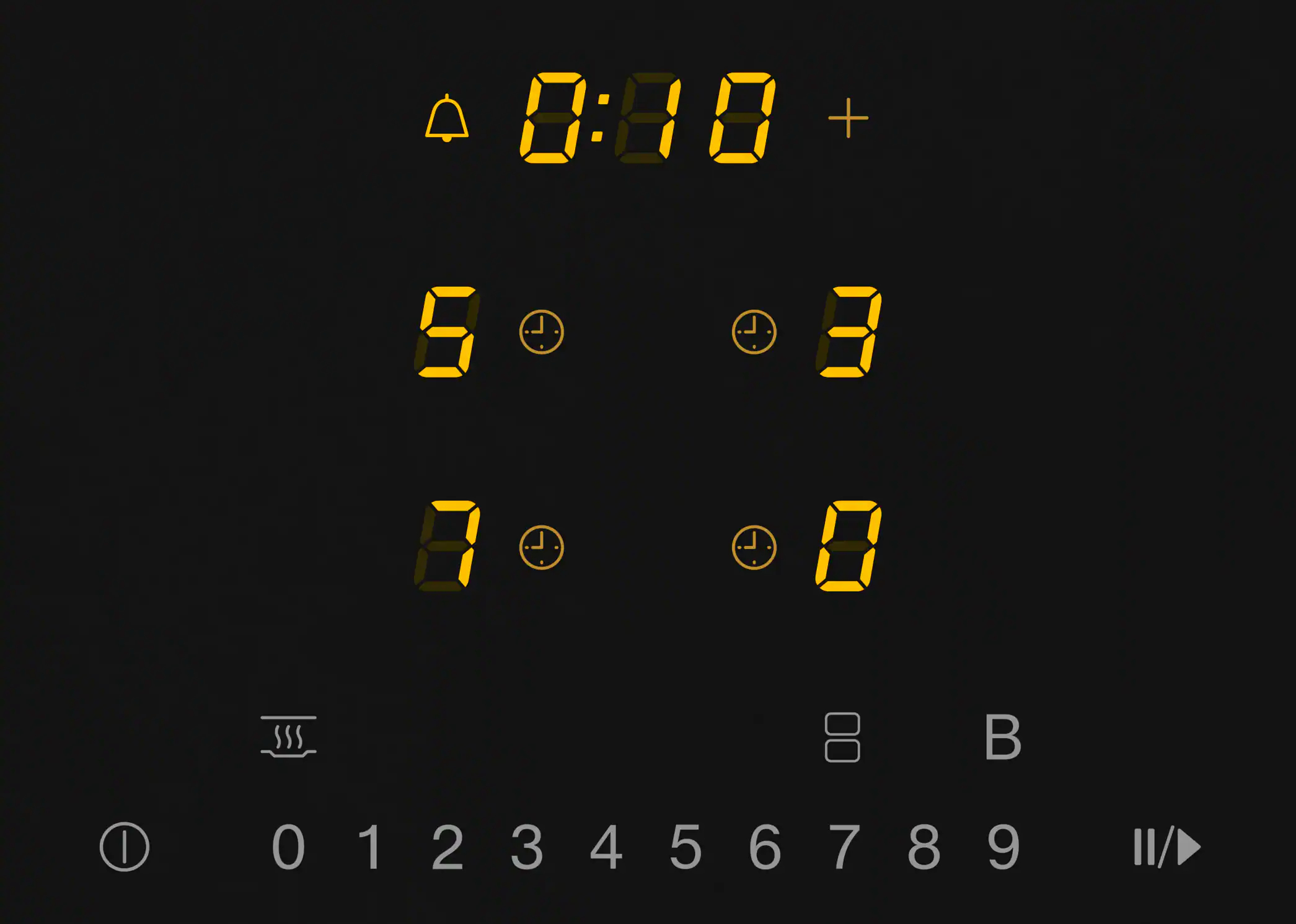 Schwarzes Ofenbedienfeld mit Digitaluhr und verschiedenen Symbolen.