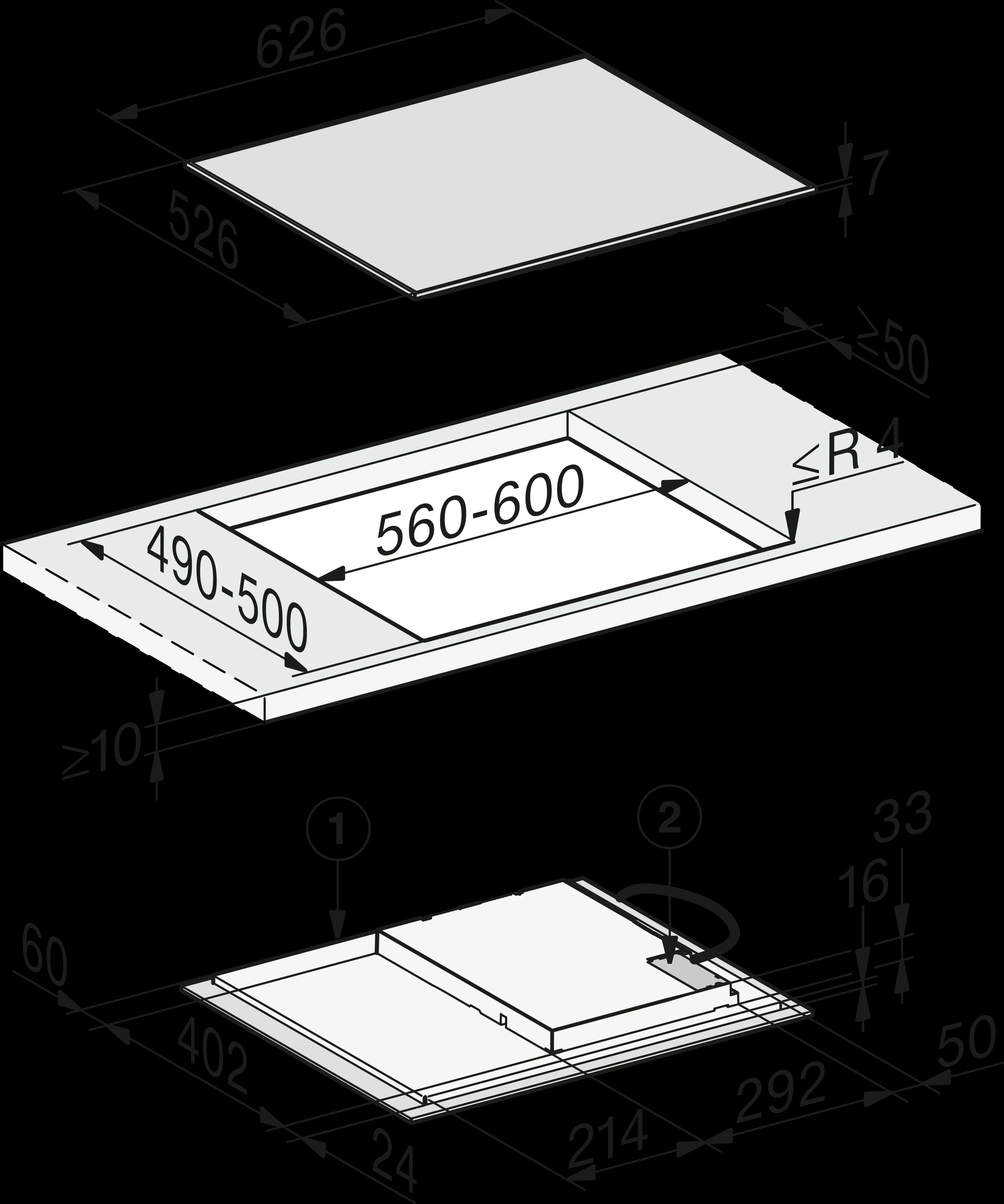 Diagramm eines Kochfelds mit Maßen, das die obere Oberfläche und die Ausschnittmaße zeigt.