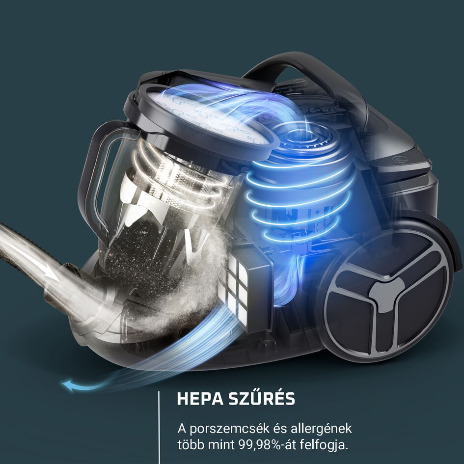 Porszívó alkatrészek HEPA szűrővel és kékkel kiemelt légáramlással.