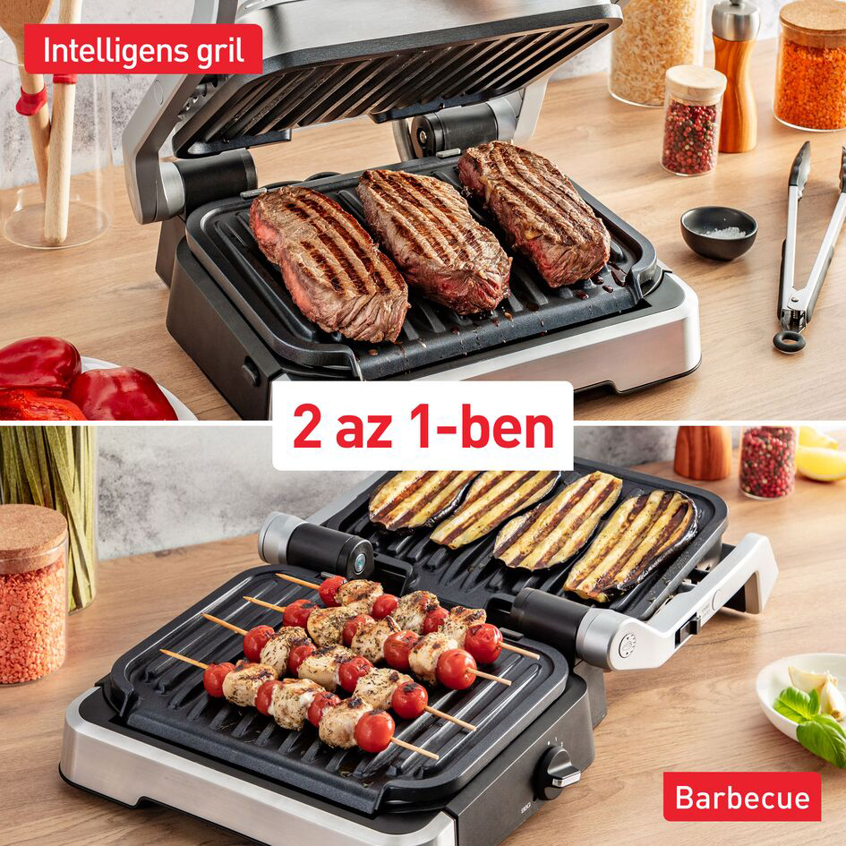 Két kép, amely egy grillt mutat. Az egyik steakkel, a másik nyársakkal és zöldségekkel. Az étel megfőtt.