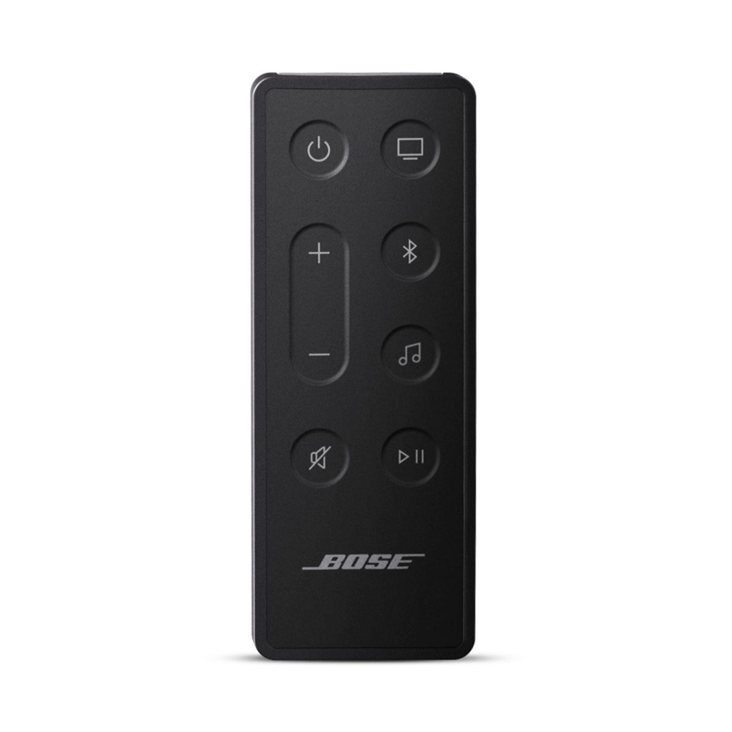 Black remote control with buttons, including power, volume, and Bluetooth symbols.