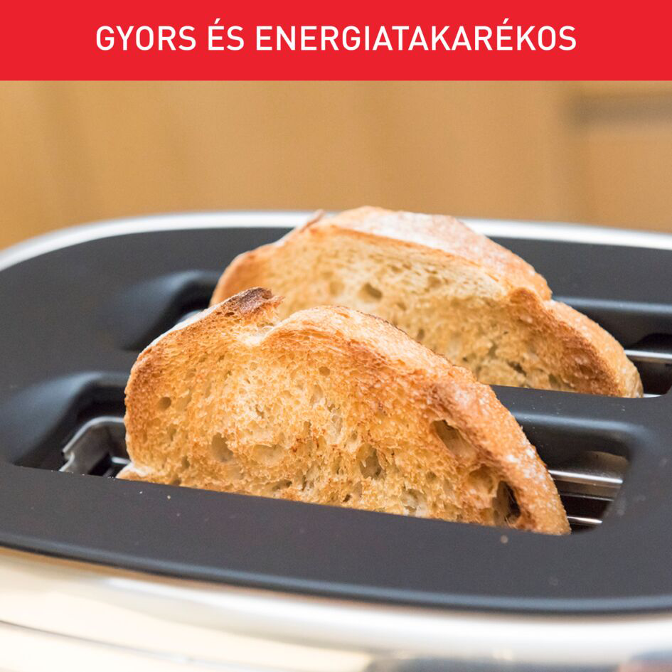 Két szelet pirítós egy fekete pirítósban. A piros szöveg szerint 'Gyors és energiatakarékos'.