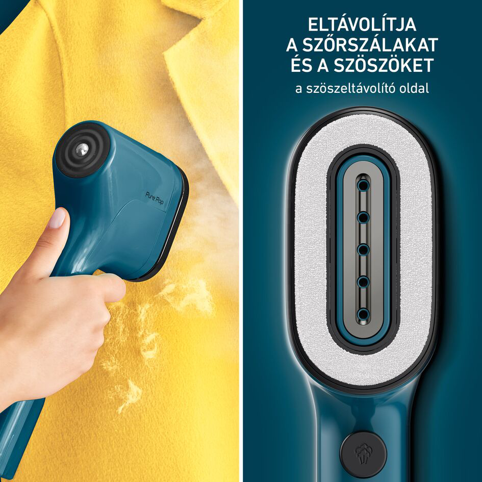 Kéz tart egy kék ruhagőzölőt. A közelkép a gőzölőfejet mutatja, amint szöszöket távolít el a sárga szövetről.