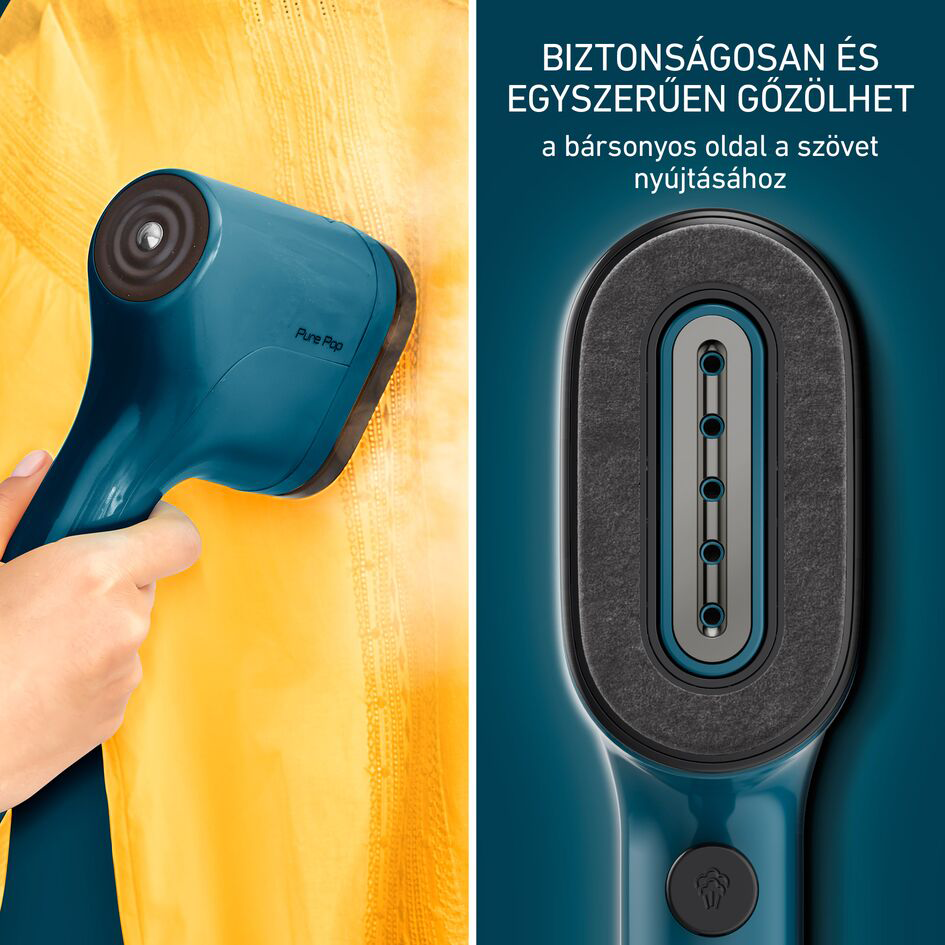 Egy kézi, kékeszöld gőzölő sárga anyagon, részletekkel a jobb oldalon.