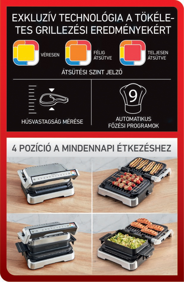 Grill ételekkel és a sütés jelzőivel. Különböző grillezési pozíciók láthatók.