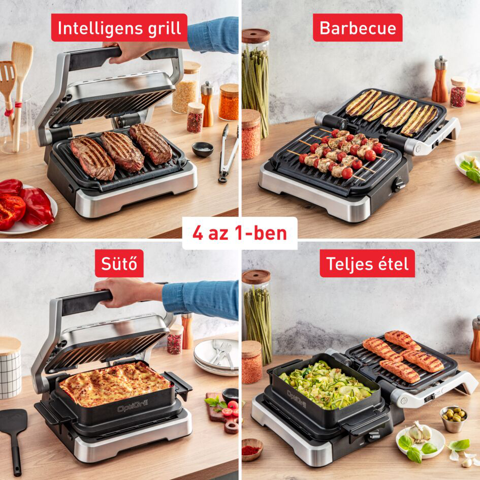 Négy kép egy elektromos grillt mutat be, különböző ételopciókkal: steak, nyársak, lasagne és zöldségek.