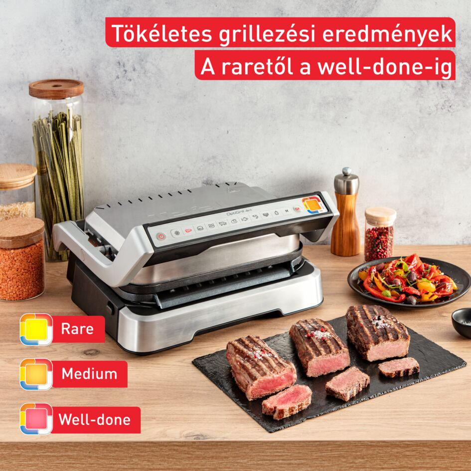 Grill különböző sült steak-kel, a sütési szintek jelölésével.