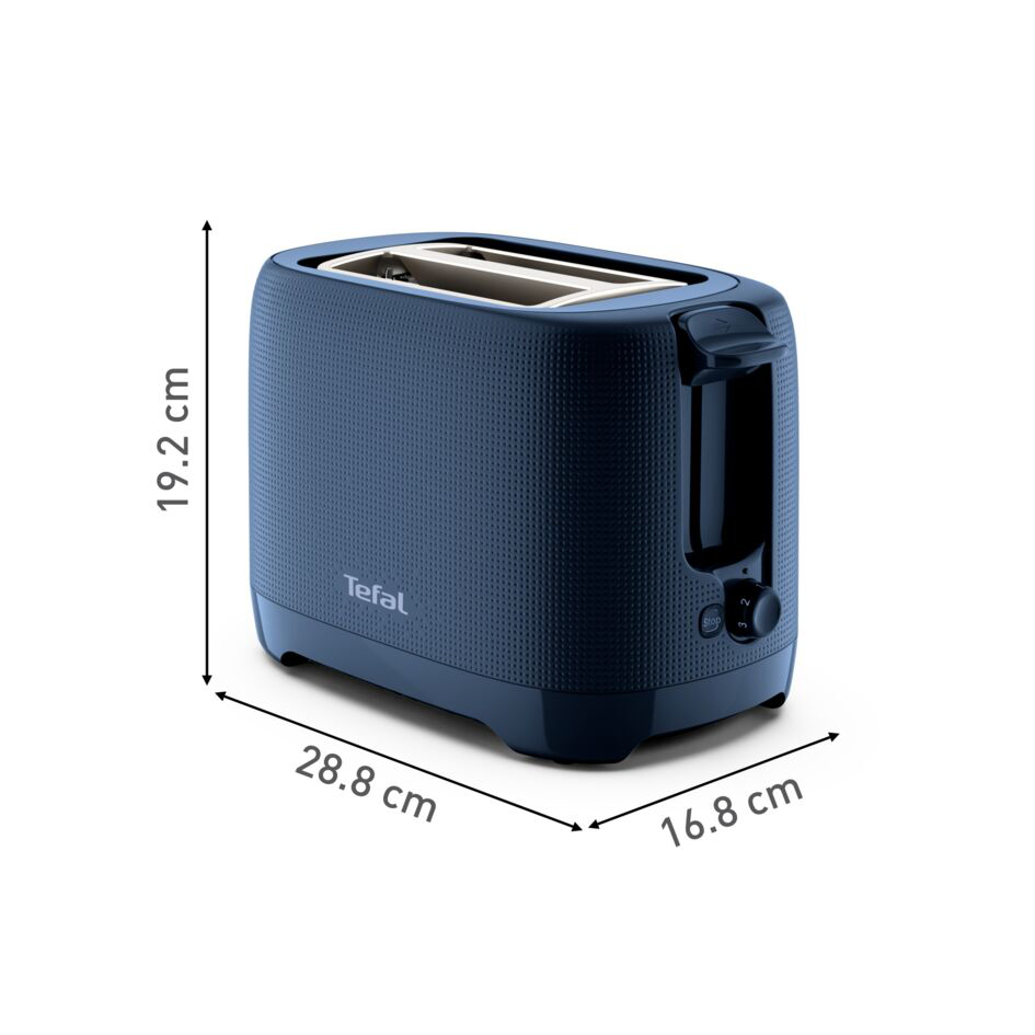 Kék Tefal kenyérpirító méretekkel. Fehér háttéren.
