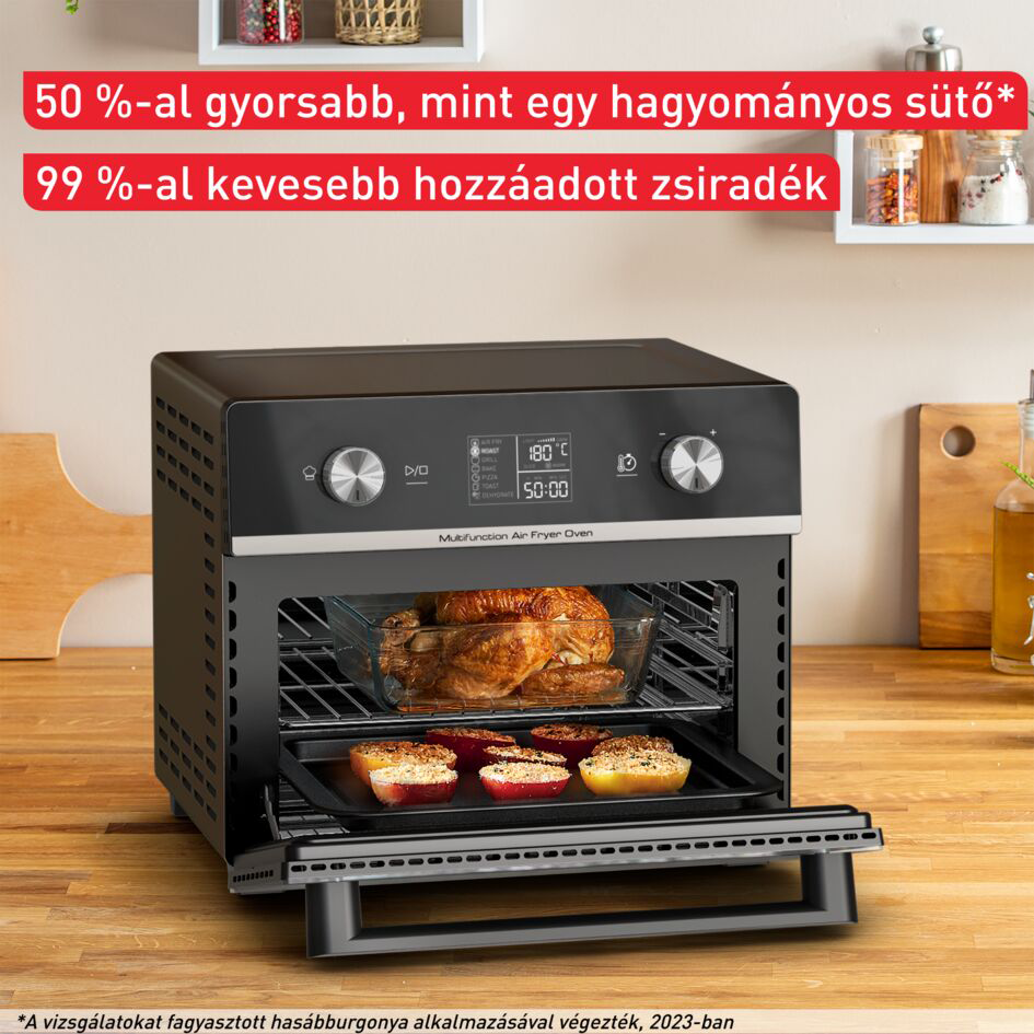 Egy légsütő sütő étellel. A szöveg szerint 50%-kal gyorsabb és 99%-kal kevesebb hozzáadott zsírt használ.