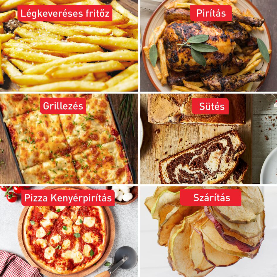 Ételek kollázsa: sült krumpli, sült csirke, grillezett pizza, egy vekni, pizza és szárított alma.